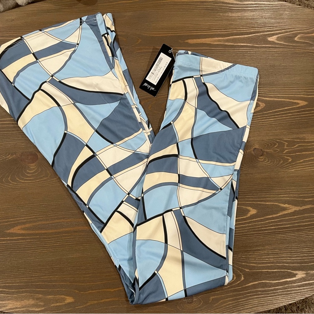 Nasty Gal Blue and Cream Patterned Flare Pants